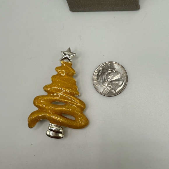 Vintage Enamel Yellow Sparkle Ribbon Christmas Tree Brooch Pin - Picture 3 of 3